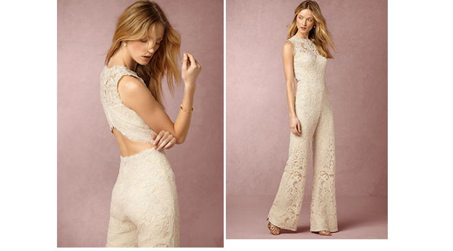 Combinaison de mariée rose poudrée et dentelle