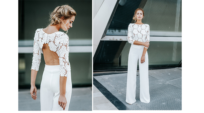 Combinaison de mariée dentelle et manches longues dos nu