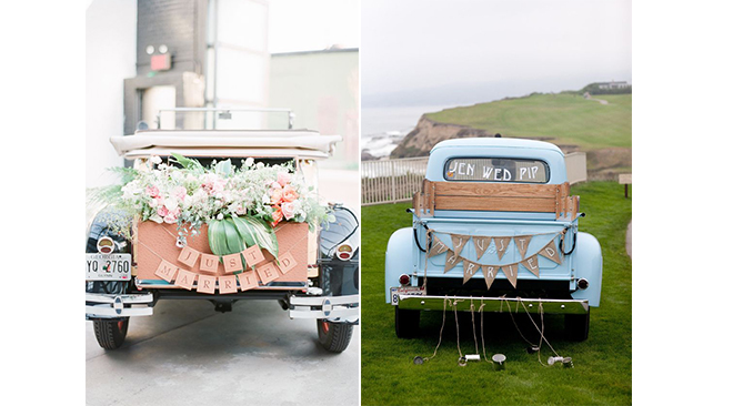 Just married ou Vive les mariés derrière la voiture des époux