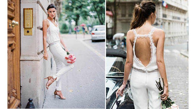 Combinaison de mariée à fines bretelles