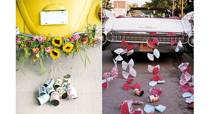 Une traîne de boîtes de conserve et noeuds papillon pour la voiture des mariés