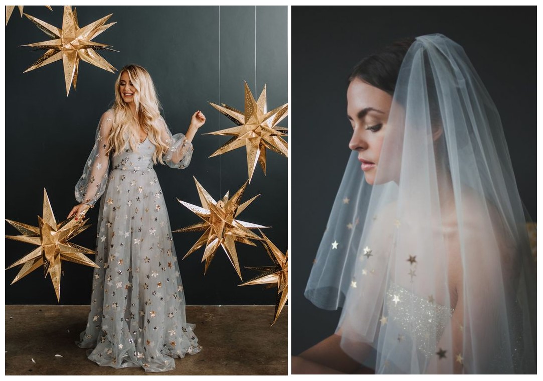 Mariée fond étoiles dorées voile